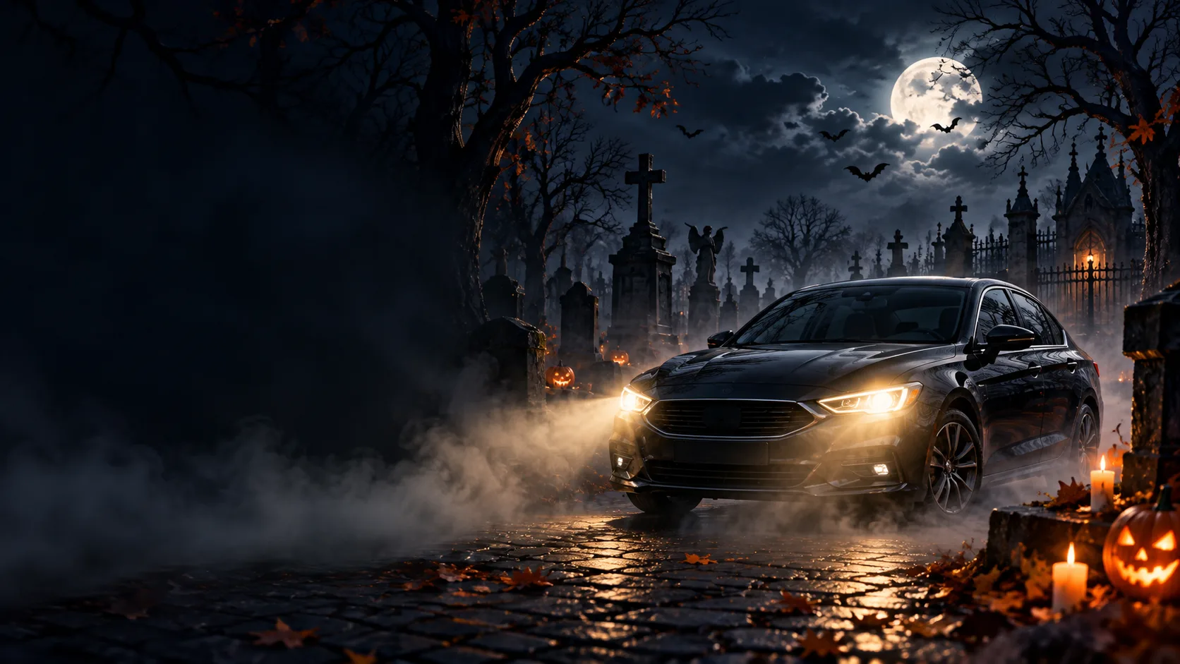 Ilustración de Halloween: automóvil con luces encendidas entre niebla, murciélagos y calabazas
