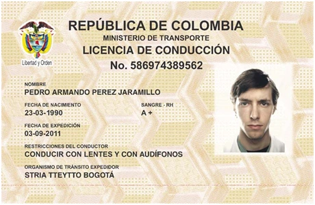 Anverso del modelo de licencia de conducción colombiana publicado por el Ministerio de Transporte